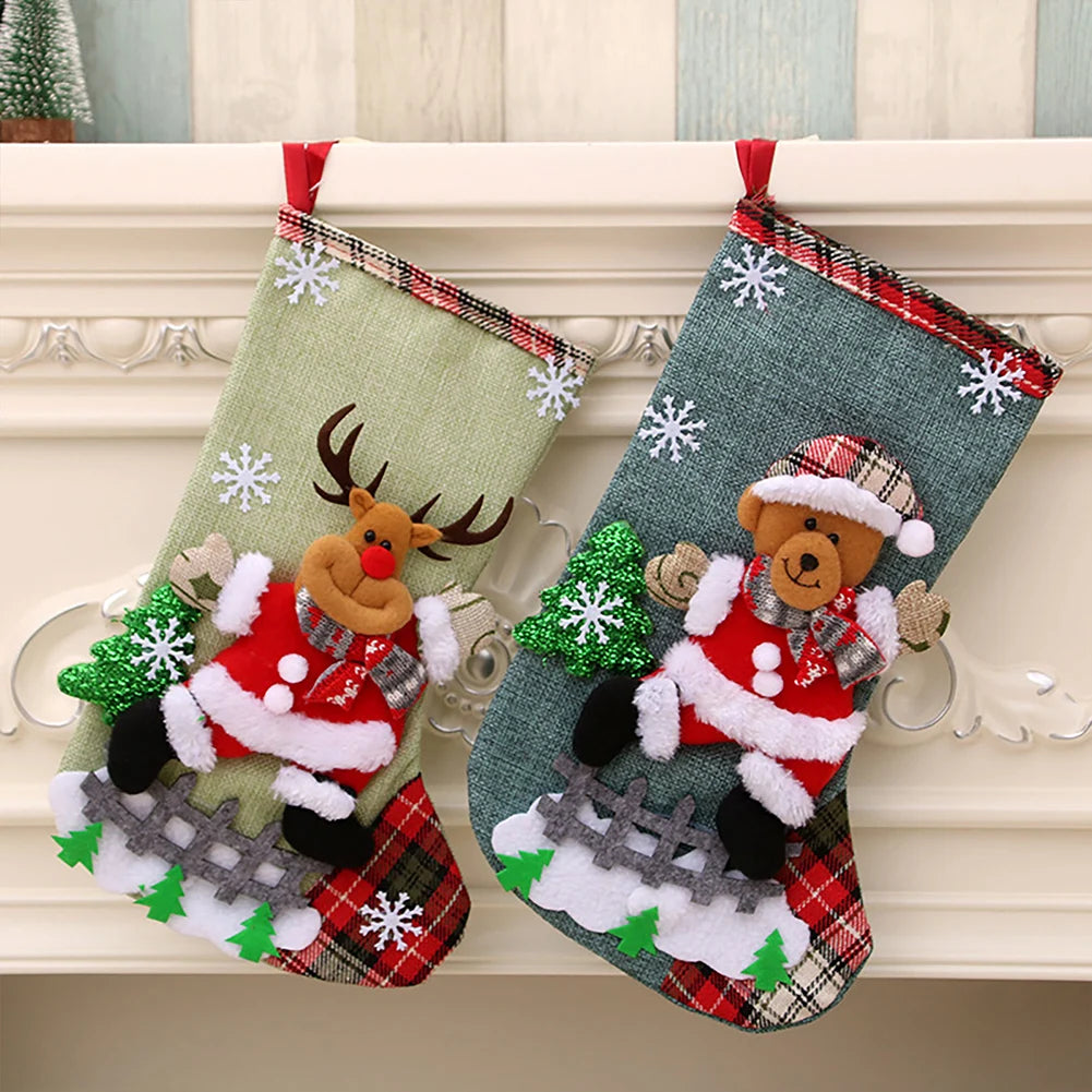 12-4PCS Christmas Stockings Set Large Capacity Surprised Gift Bag Set Santa Claus/Snowman/Bear/Elk for Xmas Tree Fireplace