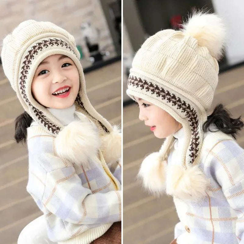 Plush Ball Children Ear Protection Hat Thicken Warm Kids Earmuffs Cap 3-12year Boy Girl Woolen Knitted Beanies Winter Skullcaps