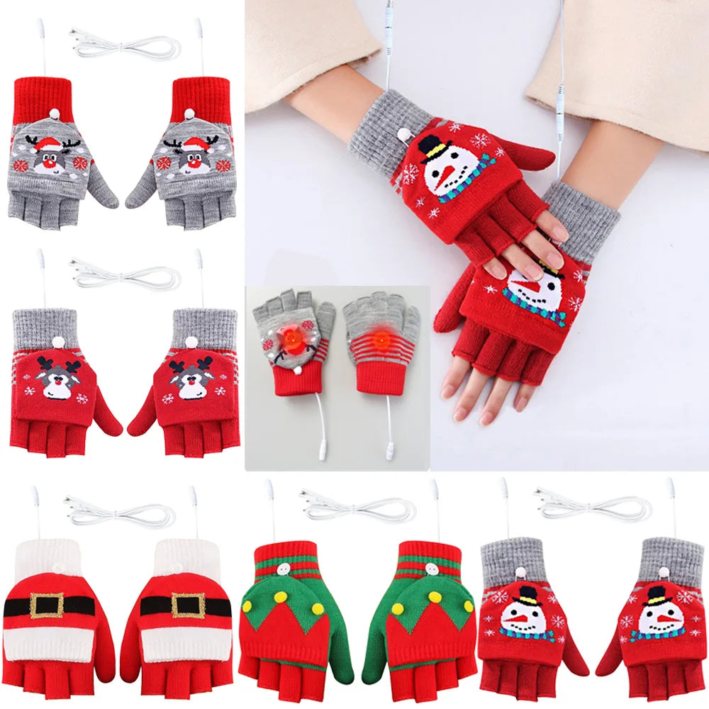 Children Winter Gloves Christmas Cute Cartoon Elk Flip Half-Finger Mittens For Girl Boy Kids Warm Cotton Lined Fingerless Gloves