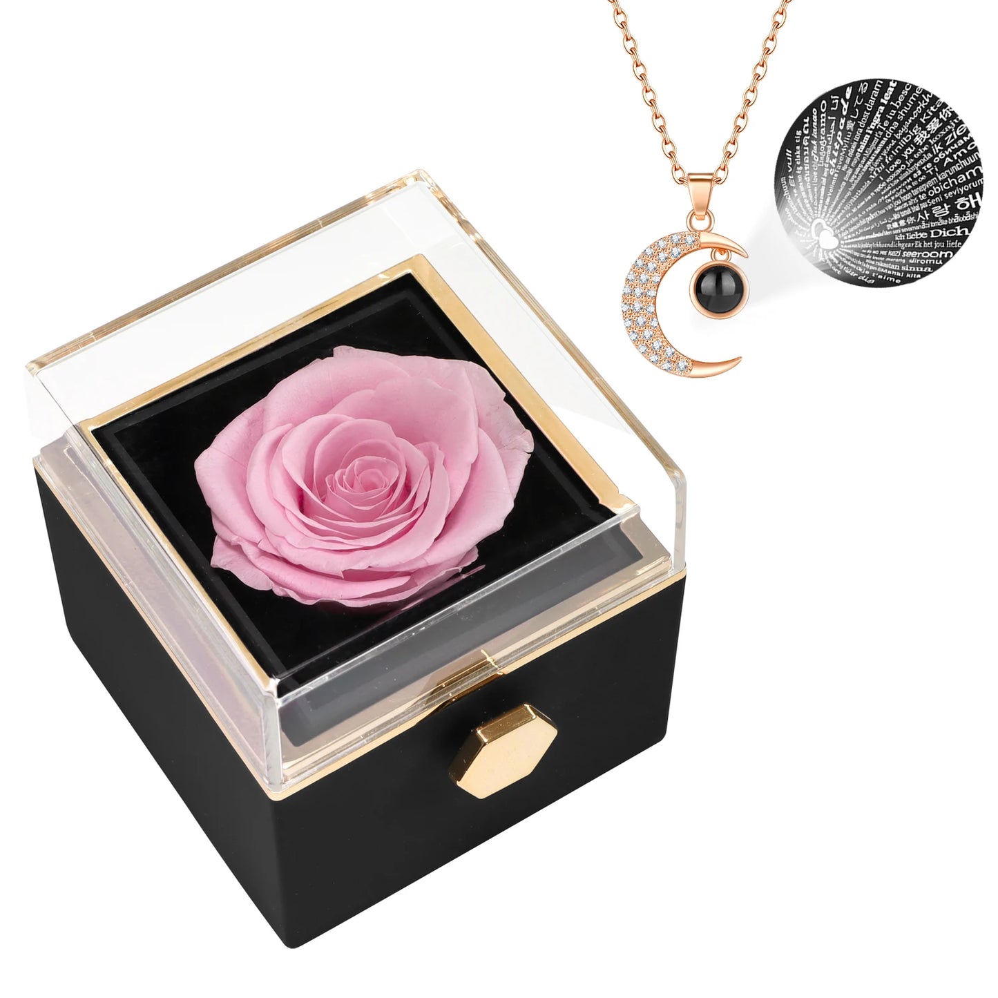 Rotating Eternal Flower Jewelry Box with "I Love You" necklace Set in 100 languages Birthday Valentine's Day Mother's Day Gift