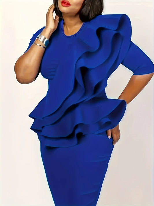 Cheervilla Ruffle Peplum Dress With Round Neck Polyester