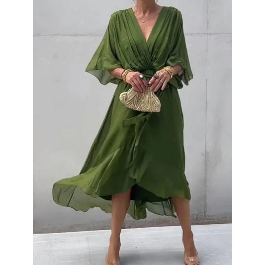 Lace Up Maxi Dress with V Neck Half Sleeve Women Casual