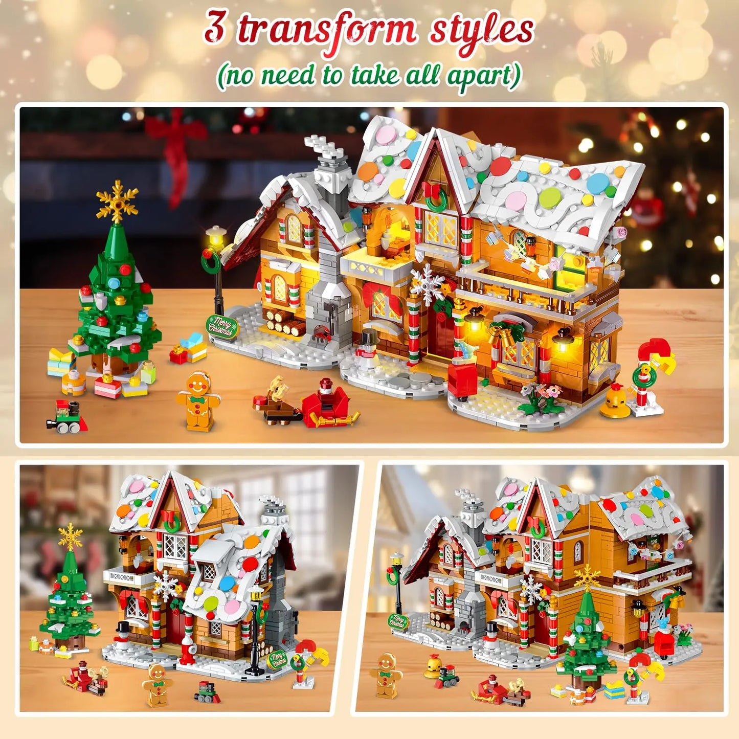2025 Christmas Gingerbread House Building Toy with LED Light-3 Style Modes Block with Santa Xmas Tree Train for Adults Kids8+