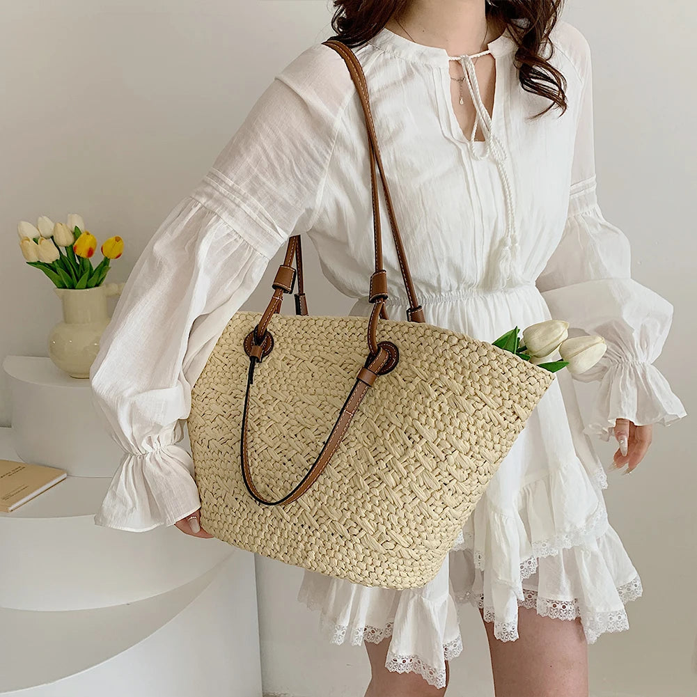 Womens Woven Tote Bag Large Capacity Fashion Shoulder Bag