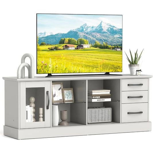 Feicheng Farmhouse TV Stand Wood Console With Glass Shelves