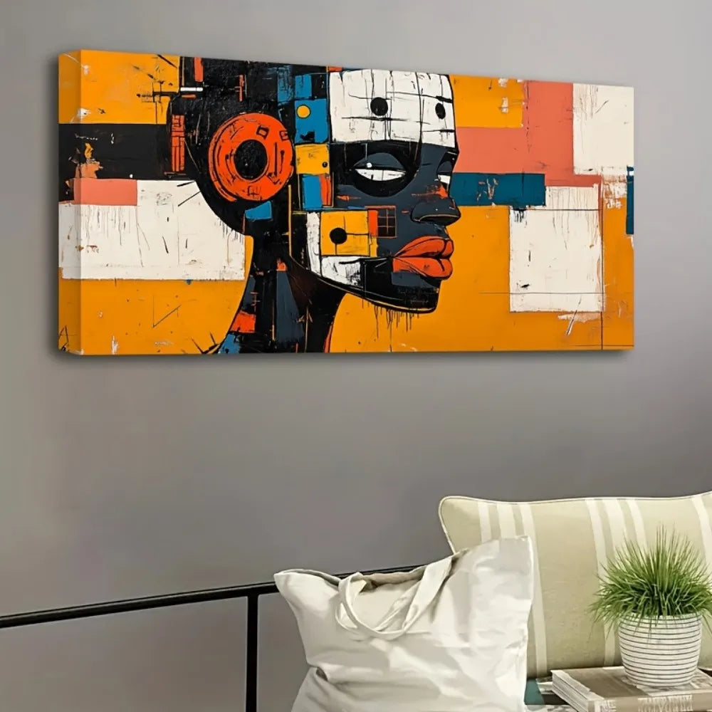 Abstract Robot Portrait With African Mask In Pine Frame