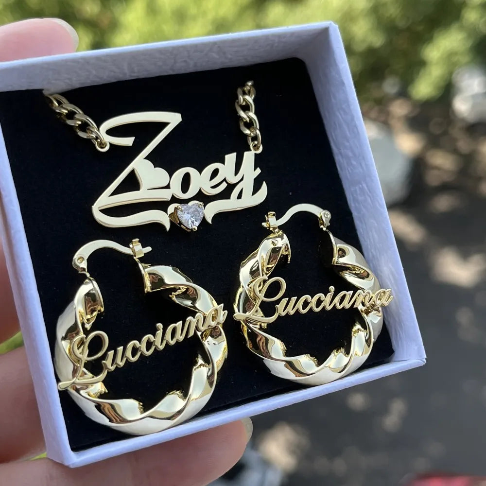 DUOYING Custom Name Hoops Heart Zircon Nameplate Necklace Stainless Steel Jewelry Cute Set For Christmas Gift