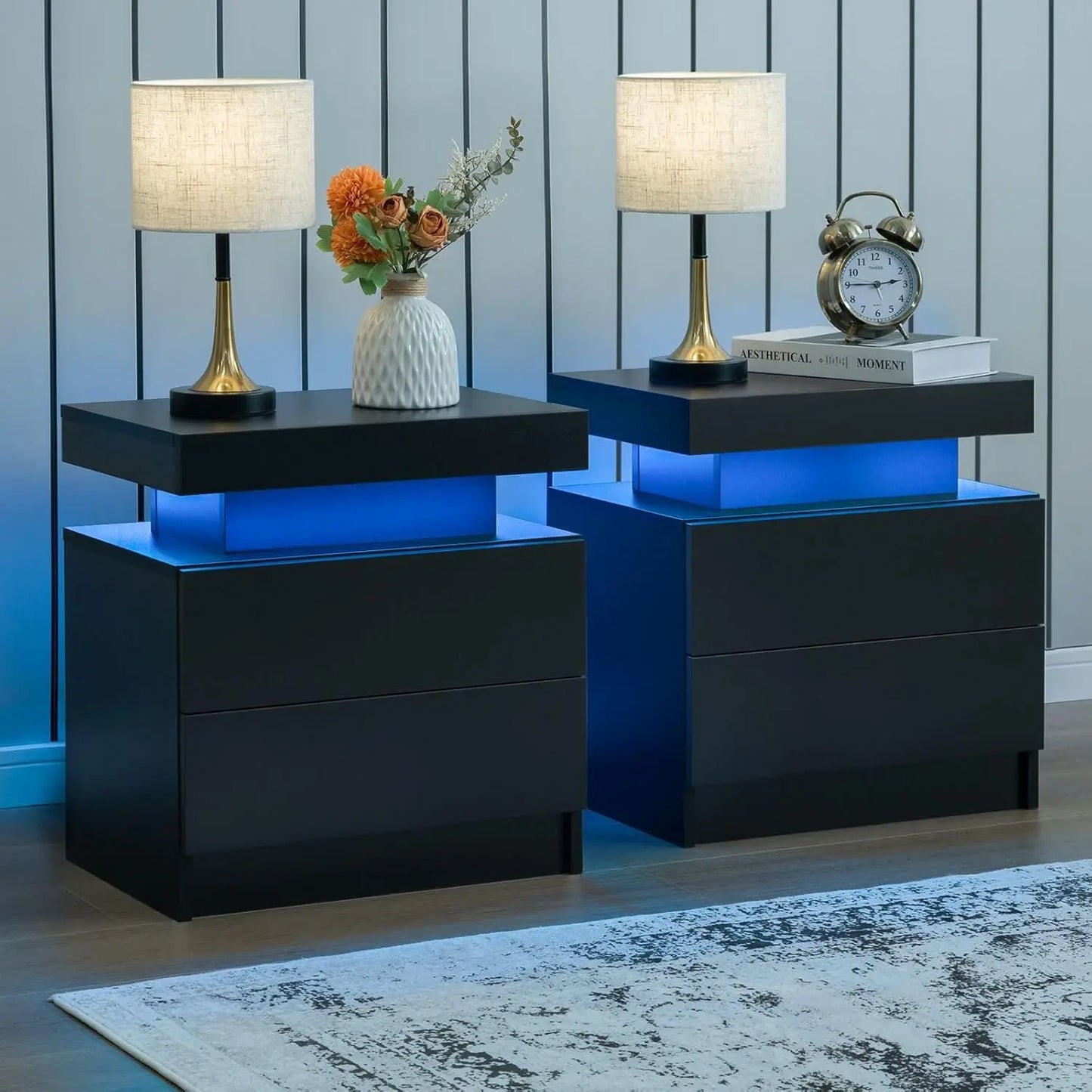 Frame Nightstand Set Of 2 With LED Drawers Bedside Table