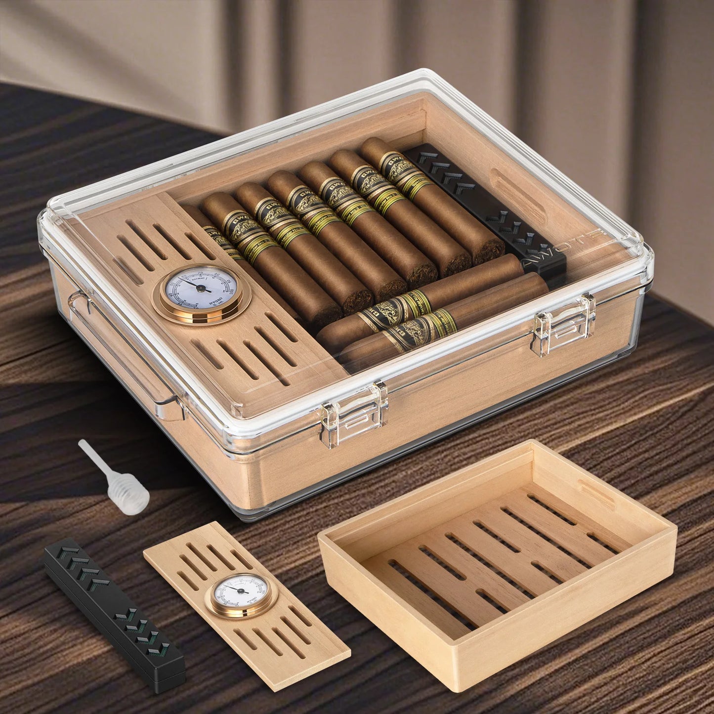 Tesonway Acrylic Cigar Humidor With Cedar Tray Hygrometer