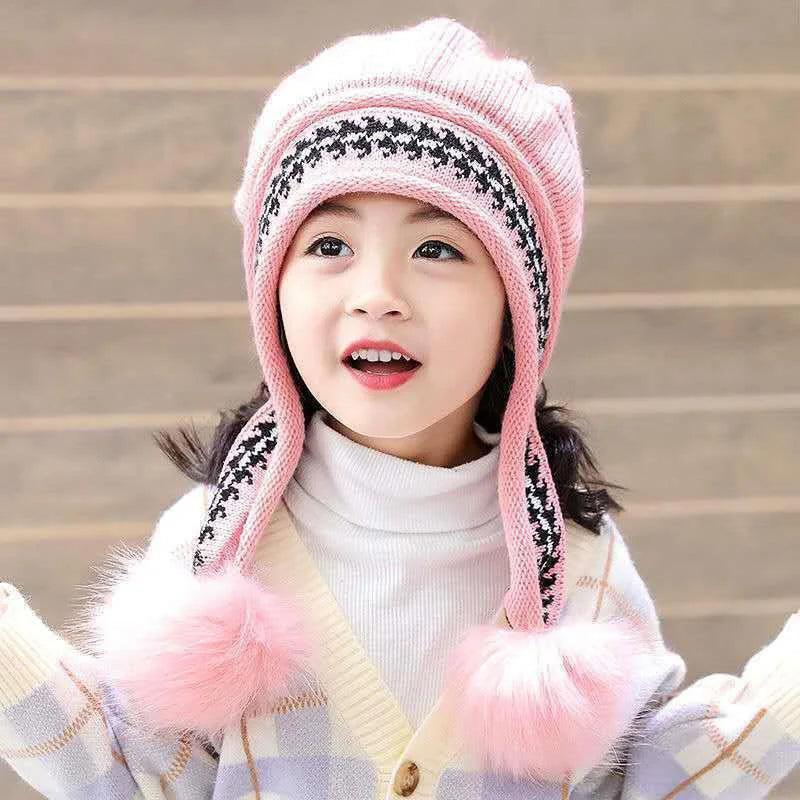Plush Ball Children Ear Protection Hat Thicken Warm Kids Earmuffs Cap 3-12year Boy Girl Woolen Knitted Beanies Winter Skullcaps