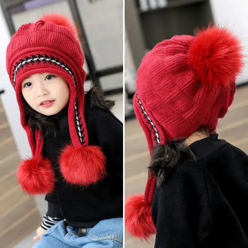 Plush Ball Children Ear Protection Hat Thicken Warm Kids Earmuffs Cap 3-12year Boy Girl Woolen Knitted Beanies Winter Skullcaps