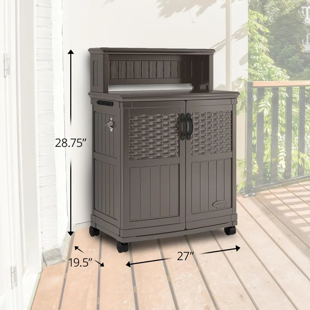 High-concerned Patio Storage And Prep Station With Decorative Wicker PanelSystems