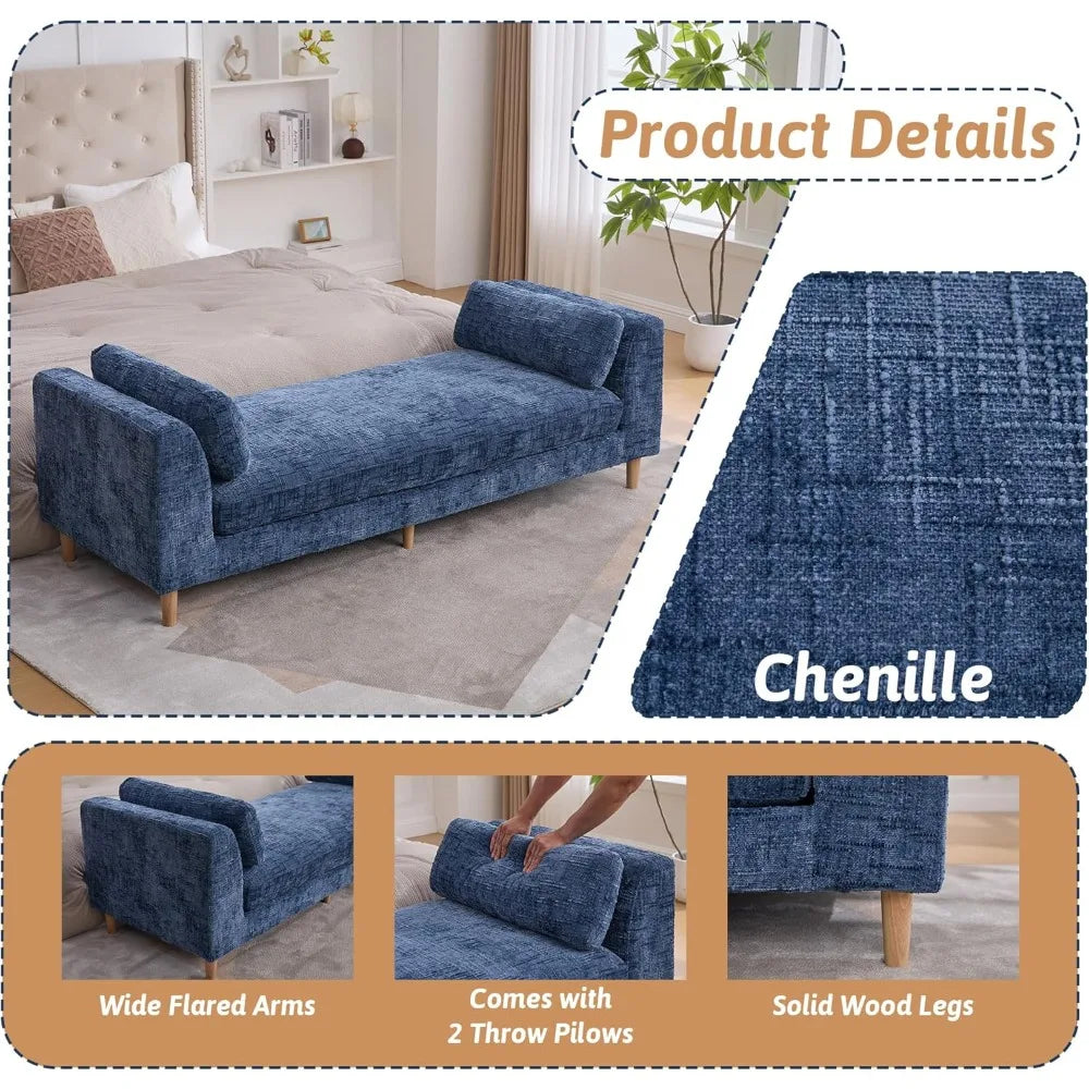 HUANZHUANG Chenille Chaise Bench With Armrests And Pillows