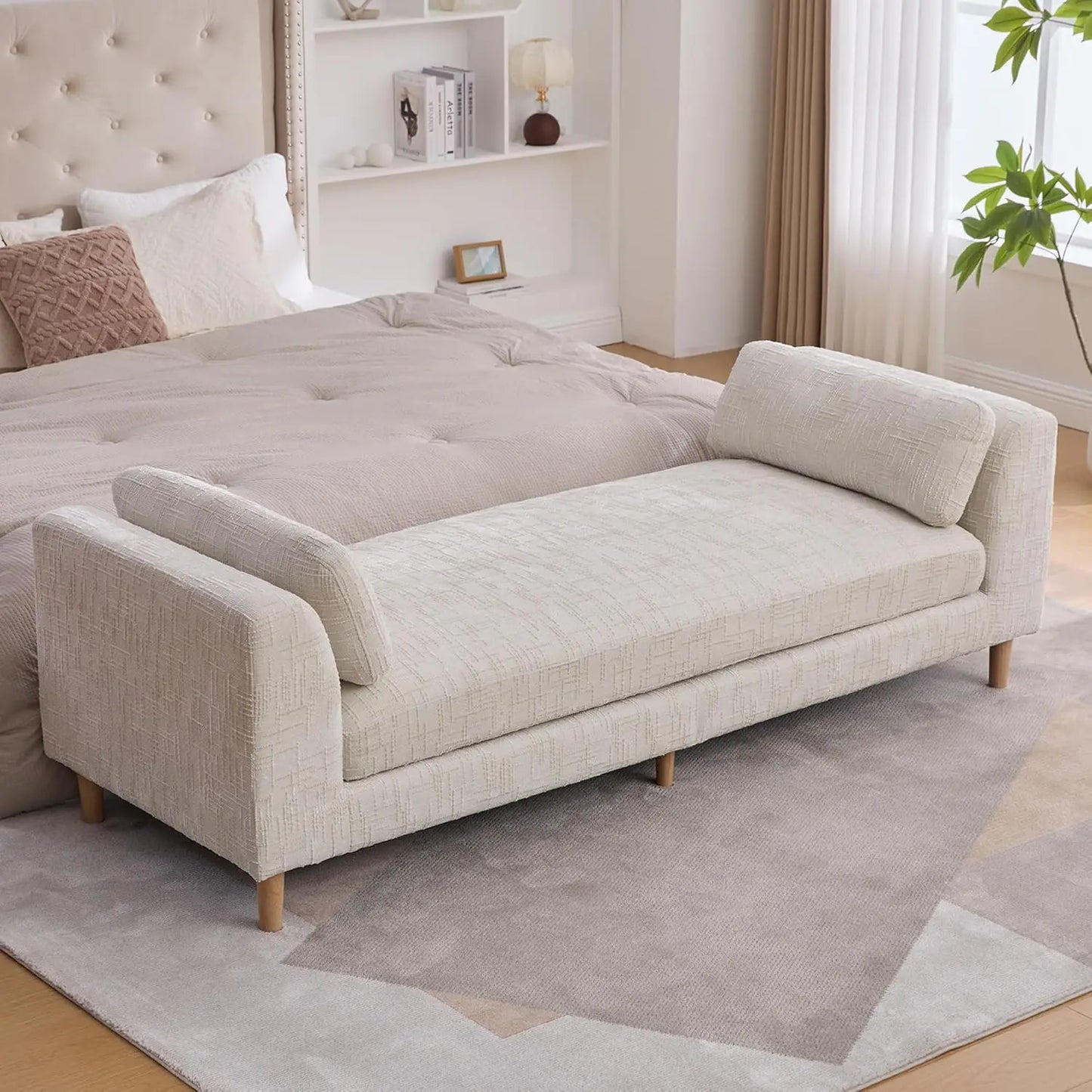HUANZHUANG Chenille Chaise Bench With Armrests And Pillows