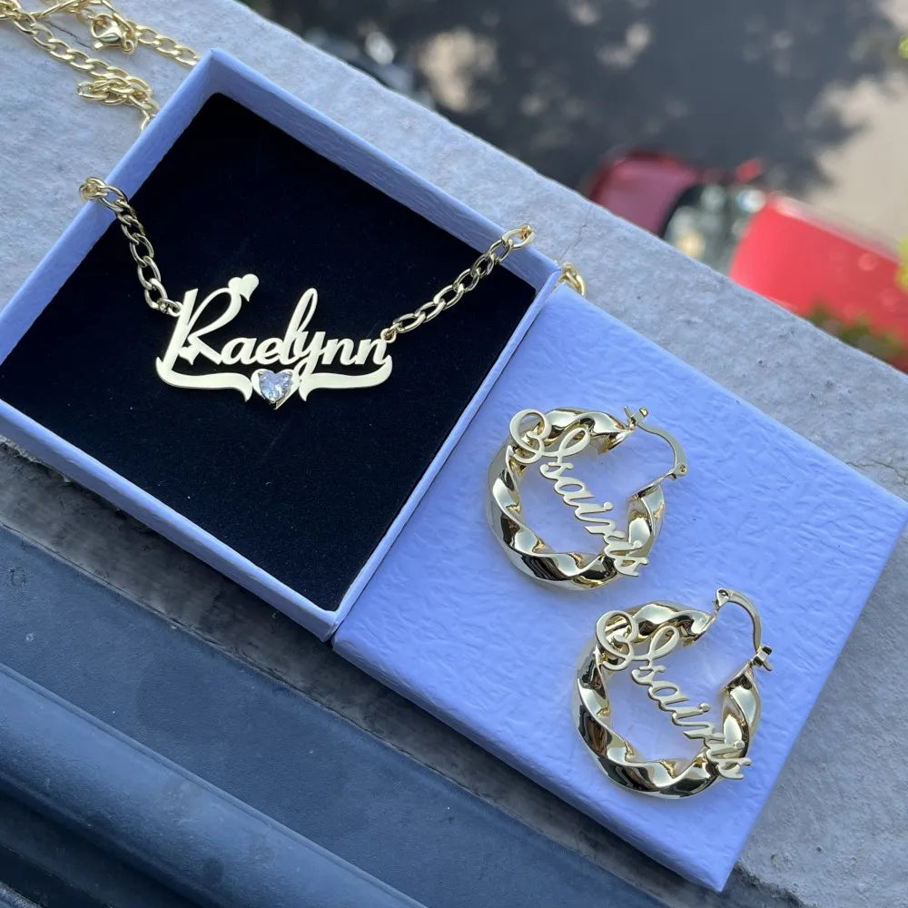 DUOYING Custom Name Hoops Heart Zircon Nameplate Necklace Stainless Steel Jewelry Cute Set For Christmas Gift
