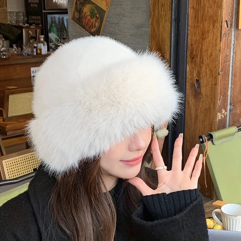 Winter Thick Warm Furry Beanies Hat Women Fashion Imitation Mink Fur Russian Cap Solid Color Plush Brimless Cap Brimless Ski Hat