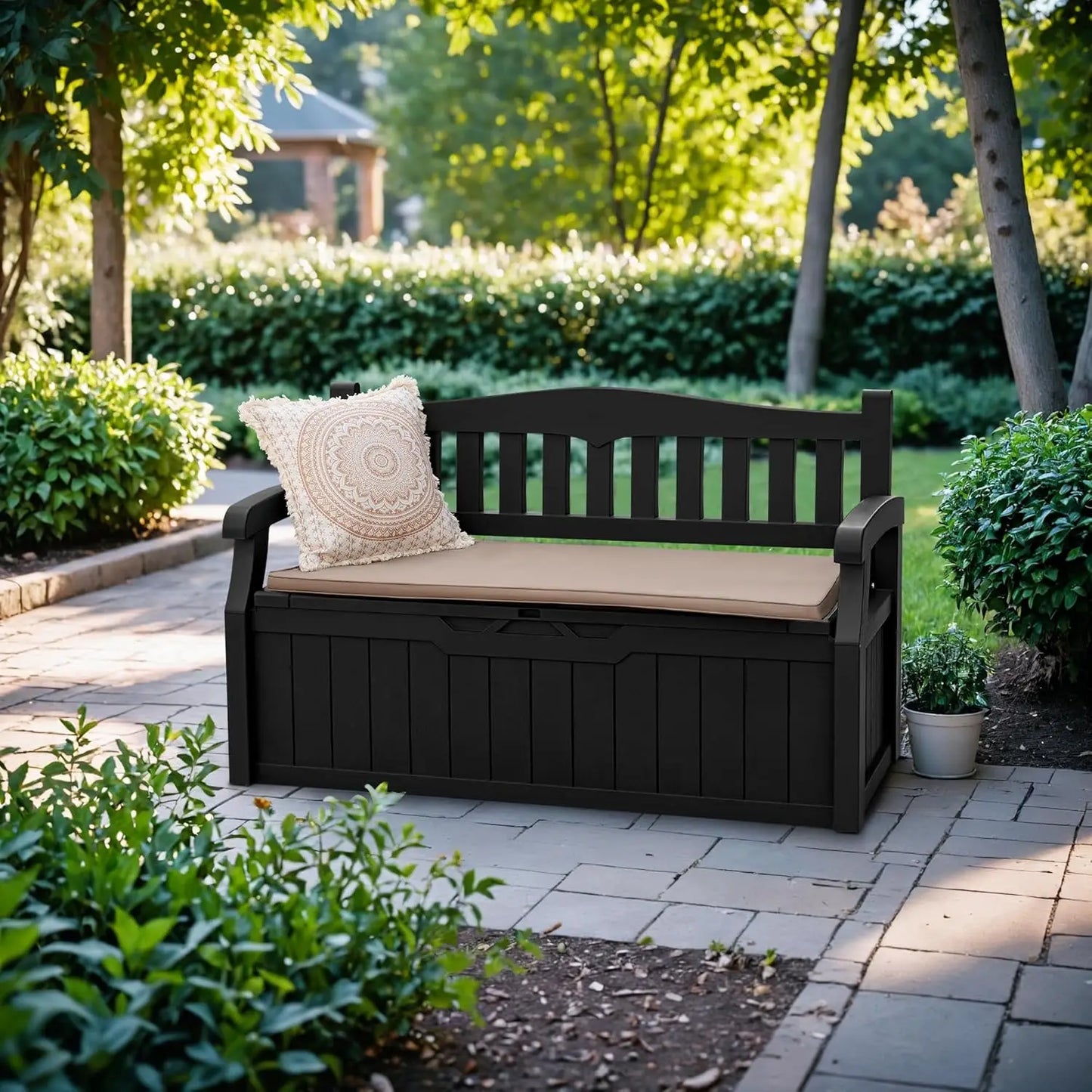 XMSJ Weatherproof Outdoor Patio StorageSolution Bench Deck Box Lockable Cushions