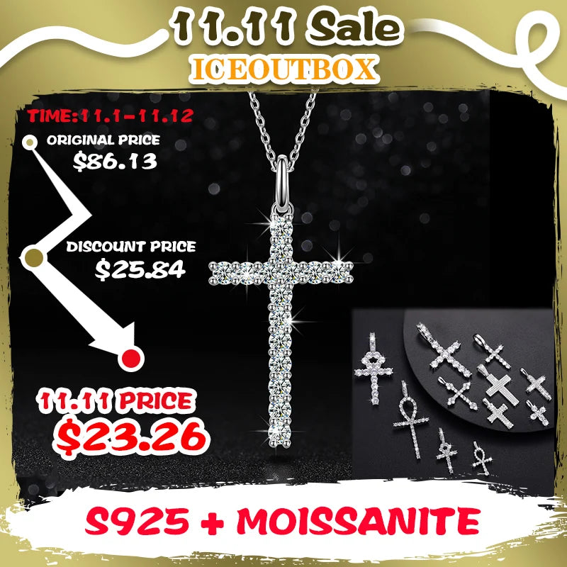 ICEOUTBOXCN Exquisite Fashion 925 Sterling Silver Moissanite Cross Pendant Necklace